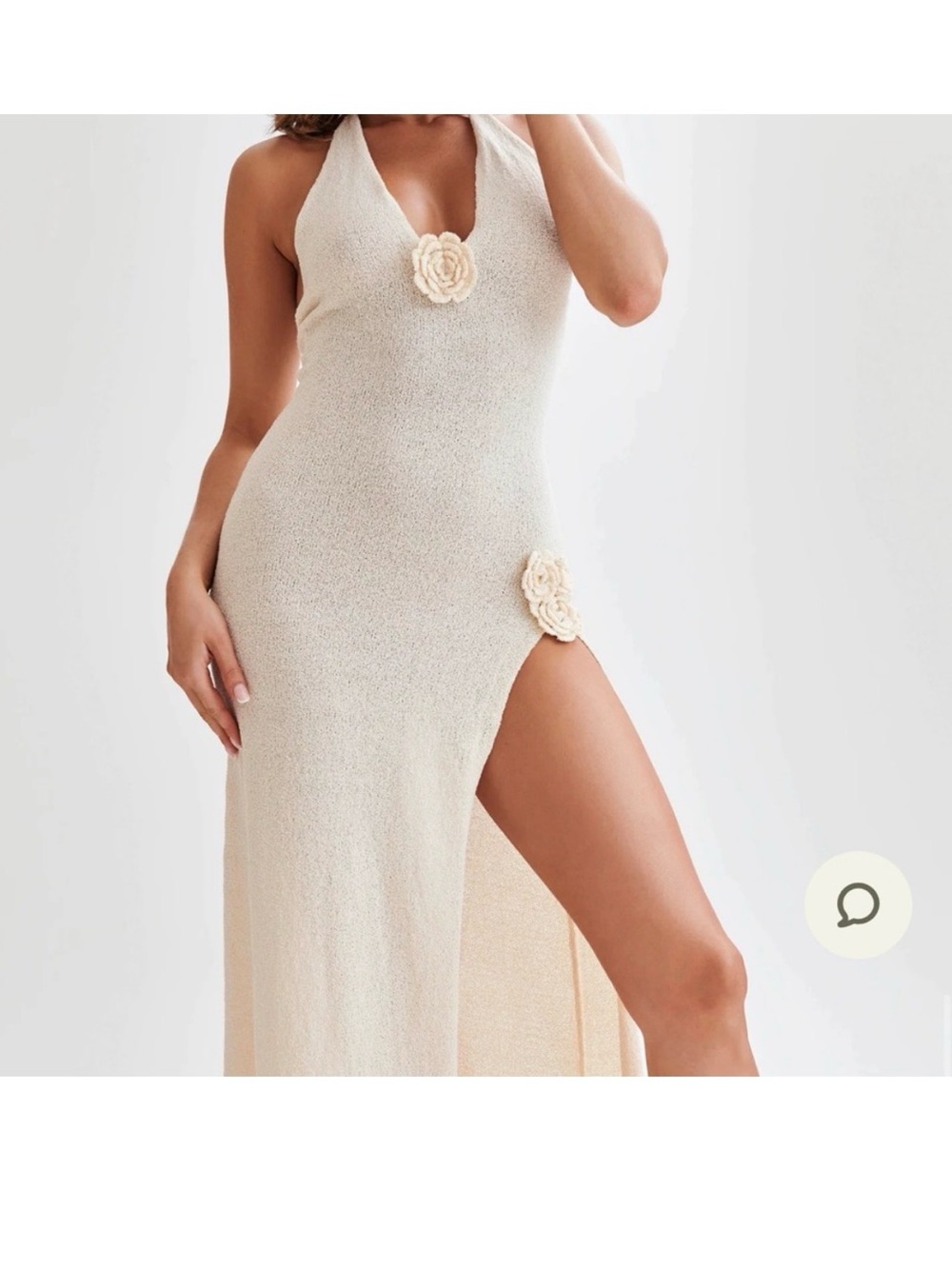 Meshki Cream Halter Maxi Dress with Floral Appliqués